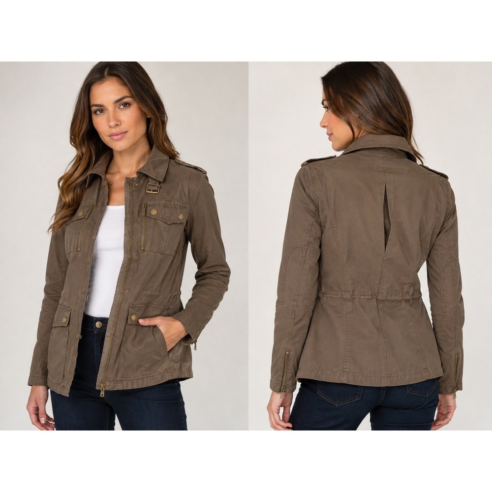 BCBGMAXAZRIA Women Brown Utility Field Jacket Military Multi Pocket Size S